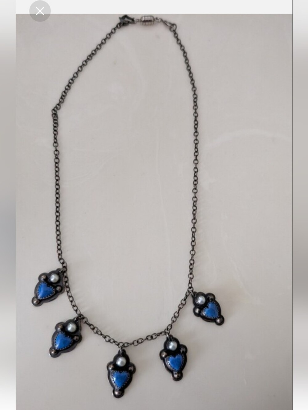 Southwestern Lapis Heart Pearl Sterling Necklace ( Signed Miki ) One Of A Kind
